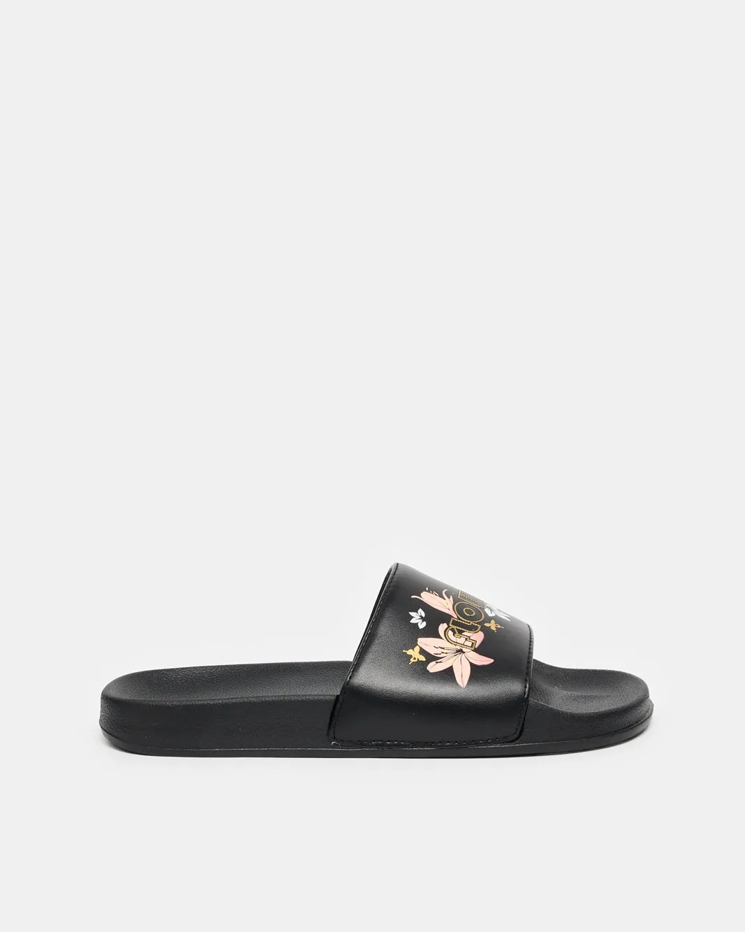 Women Black Slogan Embossed Slide