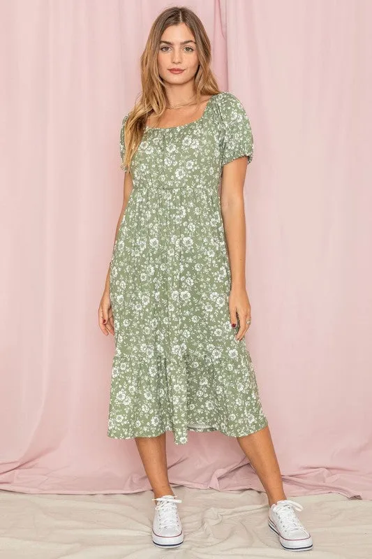 Women's Floral Square Neck Puff Sleeve Boho Dress