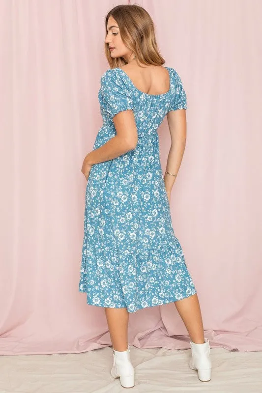 Women's Floral Square Neck Puff Sleeve Boho Dress