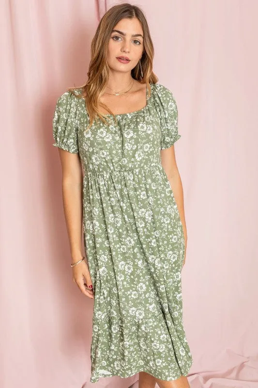 Women's Floral Square Neck Puff Sleeve Boho Dress