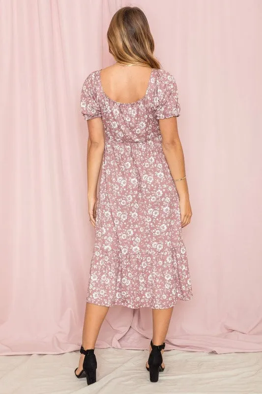 Women's Floral Square Neck Puff Sleeve Boho Dress