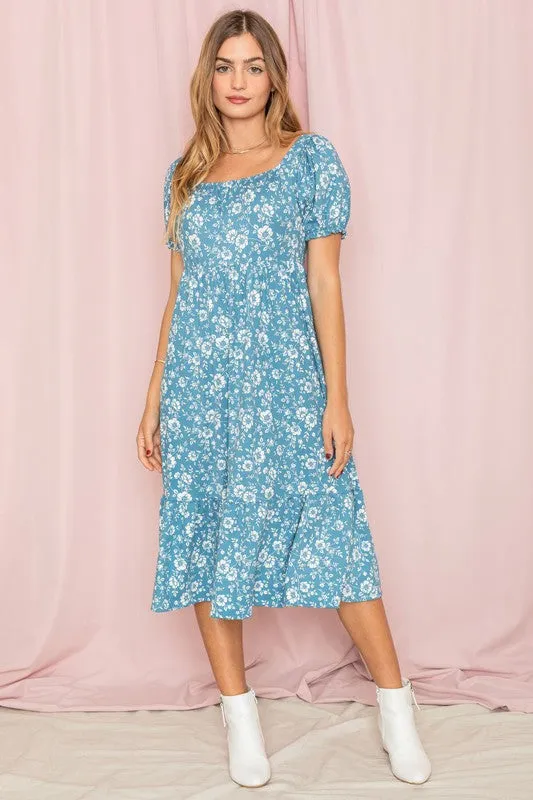 Women's Floral Square Neck Puff Sleeve Boho Dress