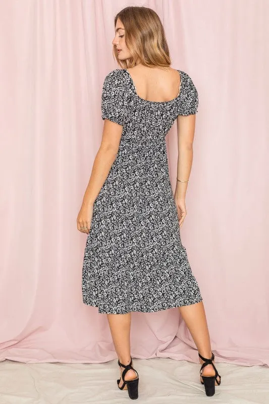 Women's Floral Square Neck Puff Sleeve Boho Dress