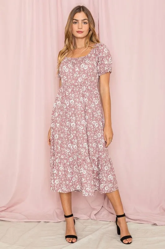 Women's Floral Square Neck Puff Sleeve Boho Dress