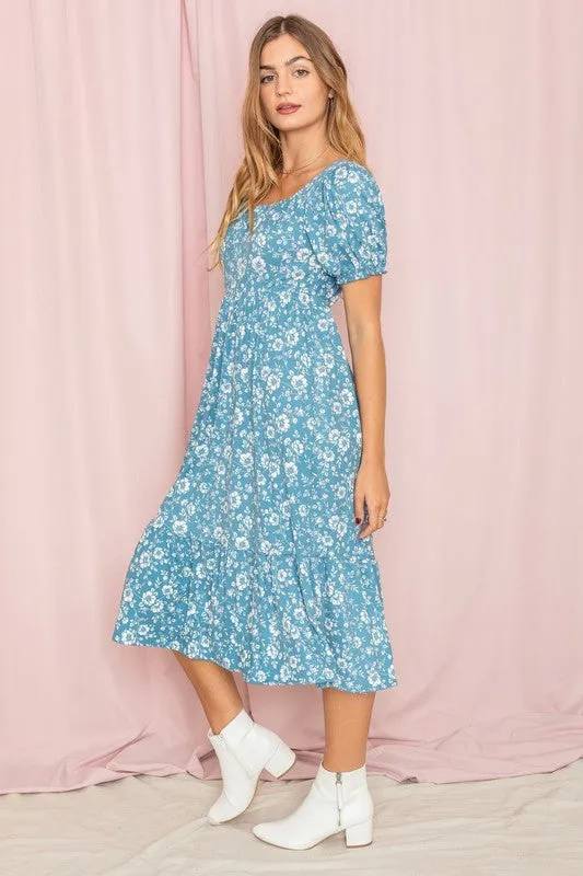 Women's Floral Square Neck Puff Sleeve Boho Dress