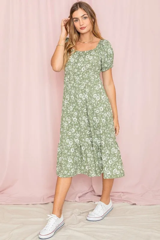 Women's Floral Square Neck Puff Sleeve Boho Dress
