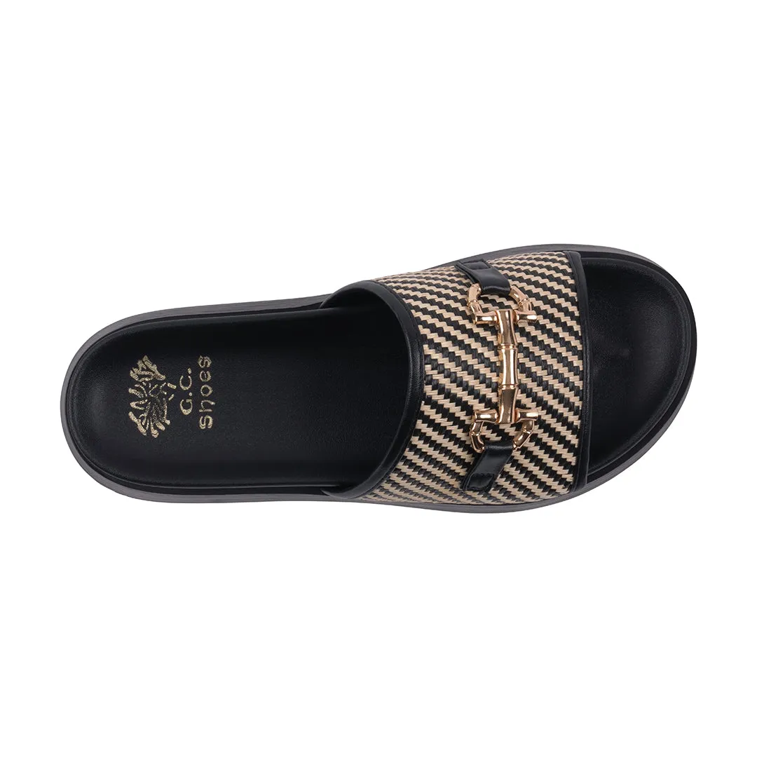 Women's Sari Black Woven Slide Platform Sandals