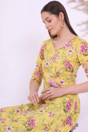 Yellow Floral Printed Pure Cotton Straight Kurta